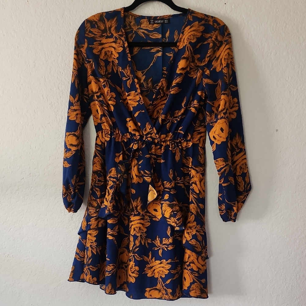 Lush Blue and Orange Floral Long Sleeve Dress